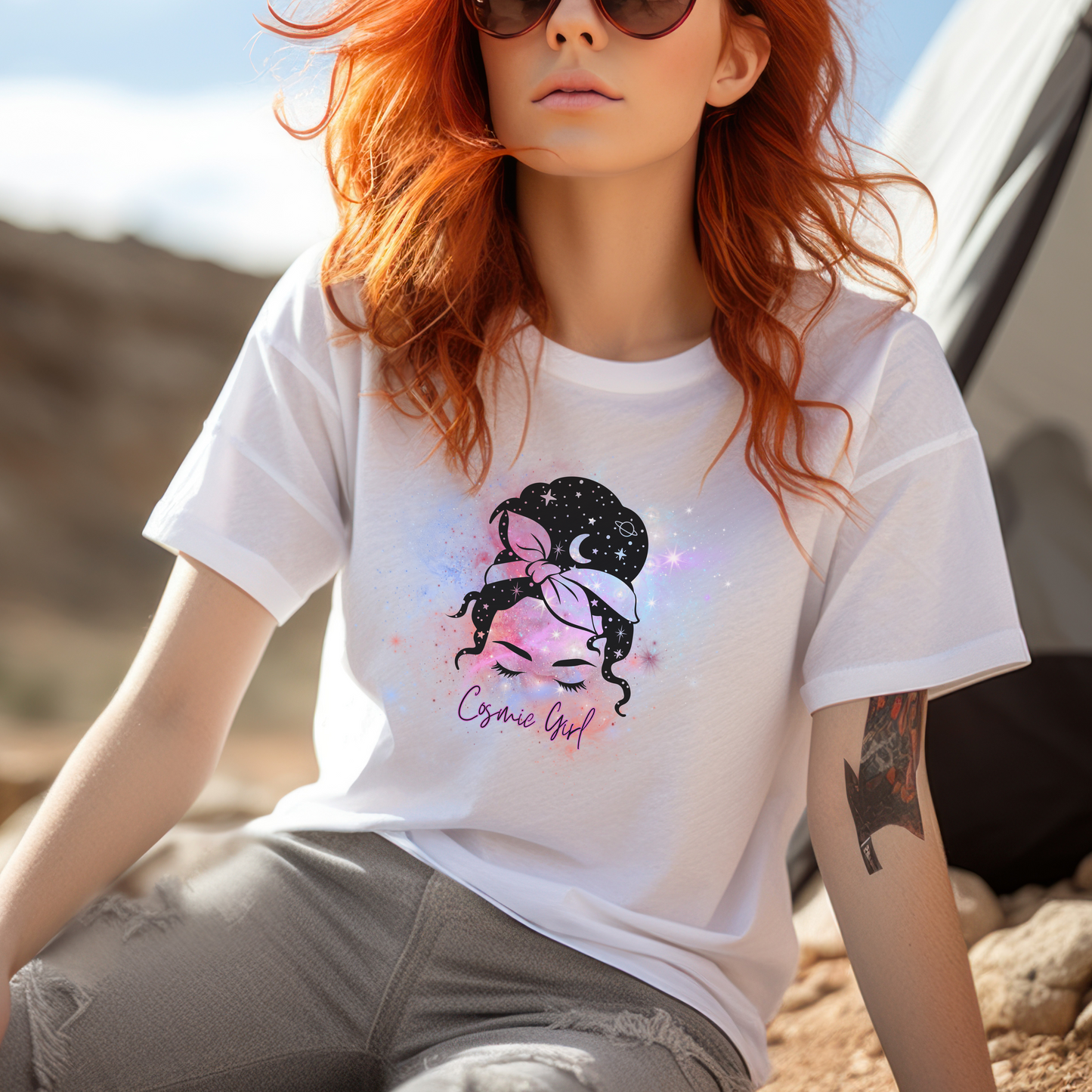 Cosmic Retro Girl Cotton Tee Cute Gift Spirituality Graphic T-shirt