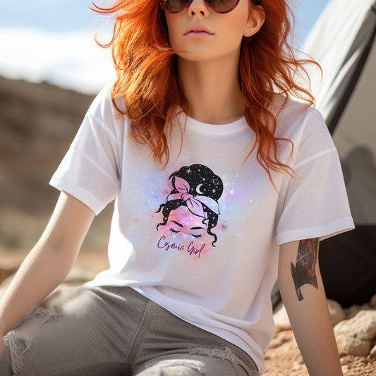 Cosmic Retro Girl Cotton Tee Cute Gift Spirituality Graphic T-shirt